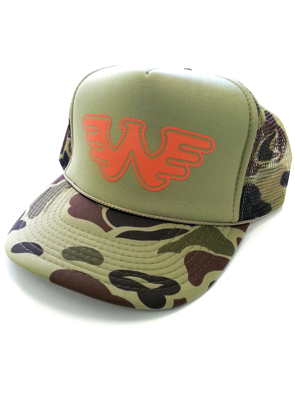 Waylon Jennings Flying W Symbol Trucker Hat - Olive Camo - Accessories - Waylon Jennings Merch Co.