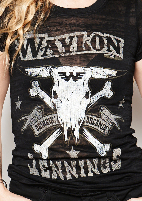 Drinkin' and Dreamin' Waylon Jennings Womens Burn Out Tee Shirt - Women's Tee Shirt - Waylon Jennings Merch Co.