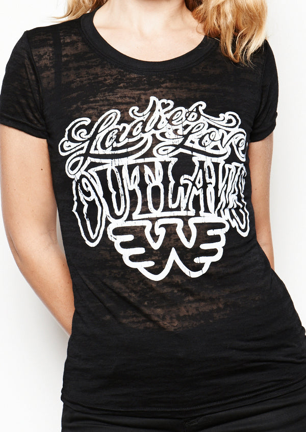 Ladies Love Outlaws Waylon Jennings Semi-Sheer Burnout Women's Tee Shirt - Women's Tee Shirt - Waylon Jennings Merch Co.